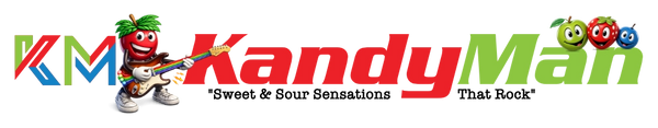 Kandy Man logo, horizontal, with mascot and tagline Sweet and Sour Sensations That Rock